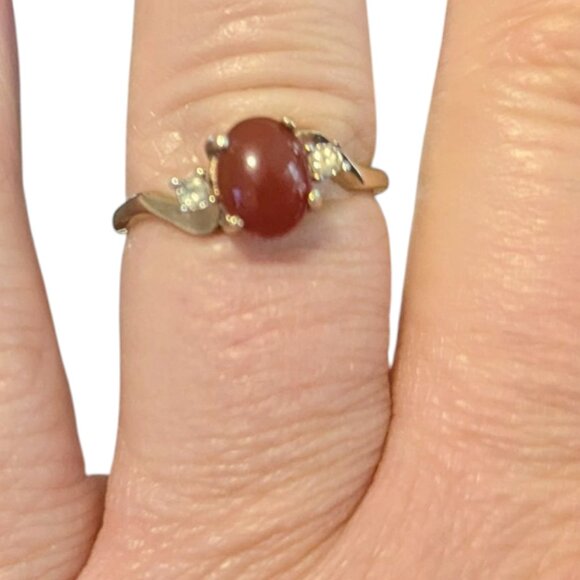 Dainty Carnelian 14K Gold 2 Diamond Ring GE ESPO Estate Size 7.75 Vintage - Picture 2 of 7